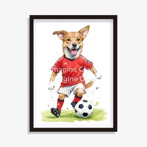 Soccer Print - Red Shirt Dog Playing Football - Funny Dog Sports Artwork - Printable Wall Art - Digital Download - Dog Art