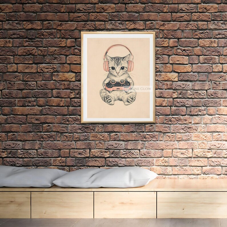 Pink-themed gamer cat for girls’ gaming rooms
Cute cat holding a game controller wall art