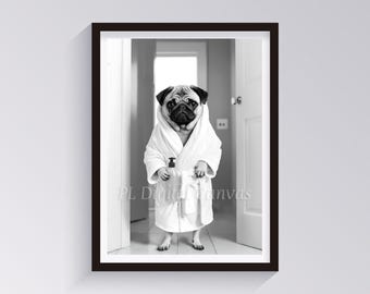 May include: A black and white photo of a pug dog wearing a white bathrobe and holding a bottle of shampoo. The dog is standing in a bathroom doorway.