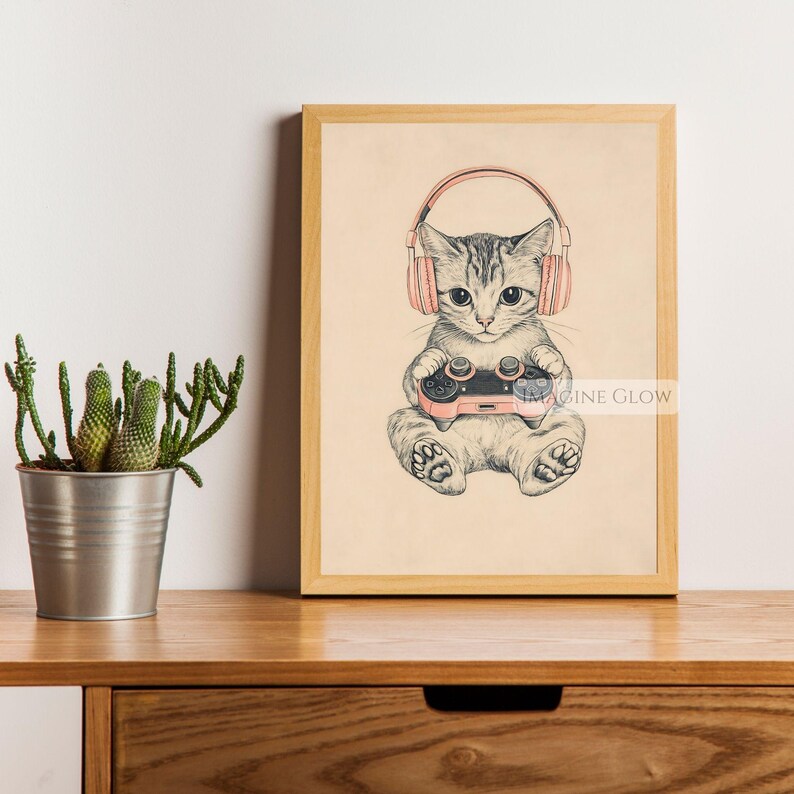 Pastel gamer girl cat poster for streaming setup