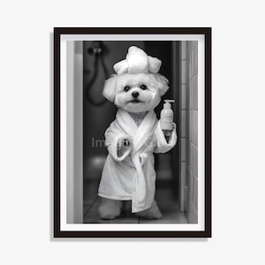 Bichon Frisé Dog Toilet Artwork - Funny Bathroom Wall Decor - Black and White Printable Art - Animal Bathroom Art - Digital Download