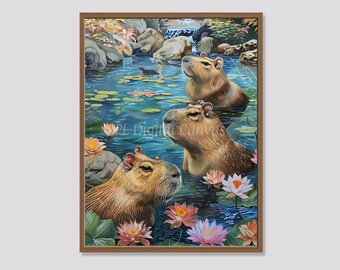 Capibara's | Grappige badkamer wand decor | Japanse waterlelievijver | wanddecoratie | Afdrukbare kunst | Dierenbaden | Direct digitaal downloaden