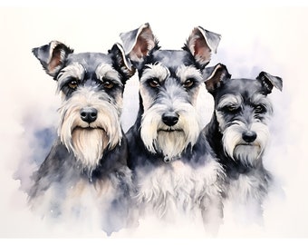 Schnauzerfamilie | Hundemalerei | Hunde-Kinderzimmer-Kunst | Schnauzerfamilien | Schnauzerpaare | Aquarell druckbare Kunst | 8 JPGs-Datei