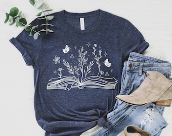 Wildblumen Buchliebhaber T-Shirt, Geschenk für Buchliebhaber, Geschenk für Englischlehrer, Lese T-Shirt, Blumen Buch Shirt, Bibliothekar Shirt