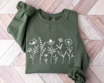 Flower Sweatshirt, Botanical Sweatshirt, Flower Crewneck, Floral Gifts, Minimalist Wildflower Sweatshirt, Gift for Gardener, Gift for Mom,