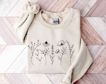 Floral Sweatshirt, Botanical Sweatshirt, Flower Crewneck, Floral Gifts, Minimalist Wildflower Sweatshirt, Gift for Gardener, Gift for Mom,