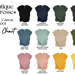 Pu&ograve; includere: Tabella colori per t-shirt Bella + Canvas 3001. La tabella mostra 12 colori diversi, tra cui nero melange, blu notte melange, verde bosco melange, grigio scuro melange, blu teal melange, blu polvere melange, marrone, oliva, orchidea melange, pesca melange, senape e giallo.