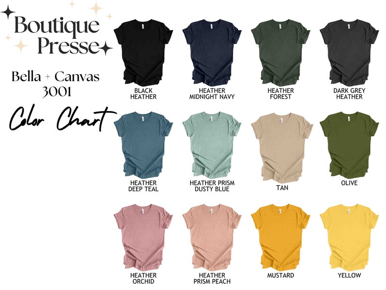 Pu&ograve; includere: Tabella colori per t-shirt Bella + Canvas 3001. La tabella mostra 12 colori diversi, tra cui nero melange, blu notte melange, verde bosco melange, grigio scuro melange, blu teal melange, blu polvere melange, marrone, oliva, orchidea melange, pesca melange, senape e giallo.