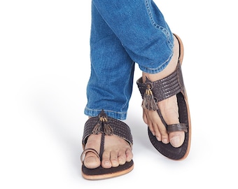 Wedding Chic - Brown - The Chic by Korakari - Men's Dark Brown Kolhapuri Chappal with Six Braided and Pom-pom Upper, Kapshi Shape,