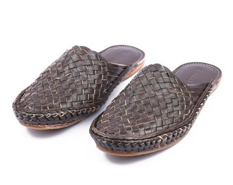 Men&#39;s Vintage woven mule sandals | Wedding Dark Brown sandals | handmade Kolhapuri shoe | ancient Indian | Sandales homme | Sandales cuir