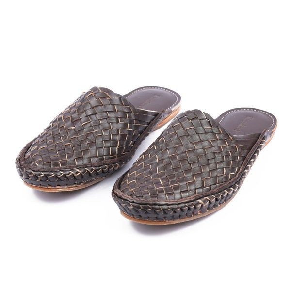 Men's Vintage woven mule sandals | Wedding Dark Brown sandals | handmade Kolhapuri shoe | ancient Indian | Sandales homme | Sandales cuir