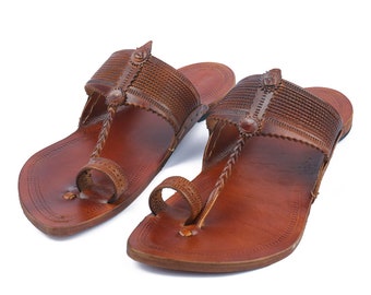Men\'s Vintage Kolhapuri Tan Leather Handcrafted Sandal|Size US10 Tan Leather Sandals for Men, Kolhapuri Chappal, Gifts for  main image 3