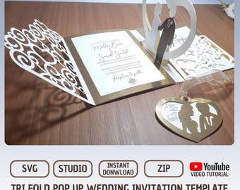 Pop Up Wedding Invitations SVG Tri Fold Template Cut File for Cricut Envelope Card Silhouette Cameo Laser Cut