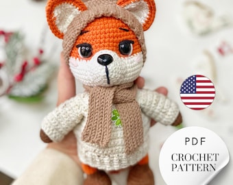 Crochet Pattern Amigurumi Fox with Hat. PDF Tutorial for Cotton Yarn Fox Toy. Step-by-Step Instructions
