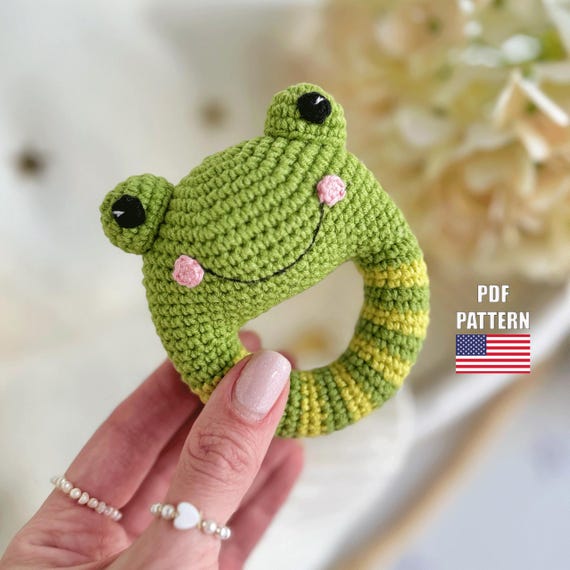 Crochet frog rattle pattern, Amigurumi frog, Rattle baby toy. Crochet rattle frog amigurumi pattern PDF/English