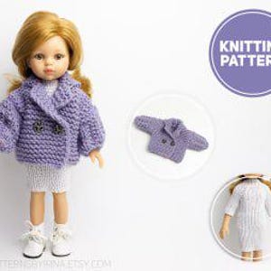 May include: A doll wearing a lavender knitted jacket with two dark buttons, a white dress, and white shoes. The image includes a knitting pattern graphic with the text "KNITTING PATTERN".