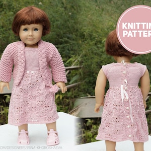 May include: A doll wearing a knitted pink outfit, including a dress, a cardigan, and matching shoes. The dress features a detailed lace pattern. The image also includes a pink circle with the words "KNITTING PATTERN".