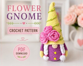 Crochet pattern flower gnome, Crochet gnome amigurumi pattern, Crochet easter gnome pattern