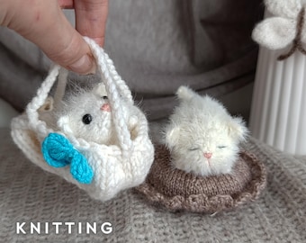 Kitten with Carrier Knitting Pattern PDF, Sleeping Cat Toy, Easy Beginner Amigurumi Kit, Cute Stuffed Animal, Instant Download