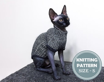 Cat&#39;s blackwhite sweater Size S Knitting Pattern PDF. sphynx clothes knitting pattern. cat sweater knitting pattern.