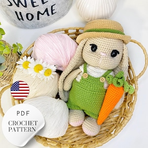 Crochet Bunny Farmer Pattern PDF, Amigurumi Bunny Toy Tutorial, Cotton Yarn Crochet Doll, Easy Digital Pattern English