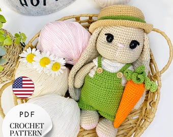 Crochet Bunny Farmer Pattern PDF, Amigurumi Bunny Toy Tutorial, Cotton Yarn Crochet Doll, Easy Digital Pattern English