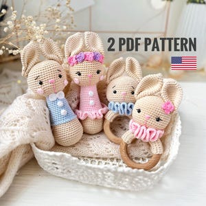 Bunny crochet rattle baby toy pattern PDF SET 2 in 1, Amigurumi bunny toy