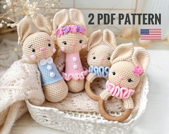 Wzór na grzechotkę dla niemowląt w kształcie króliczka w formacie PDF ZESTAW 2 w 1, zabawka króliczek Amigurumi