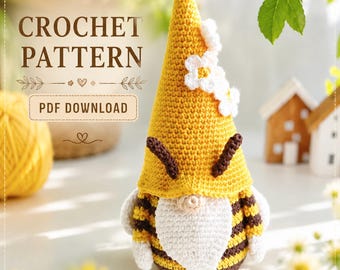 Crochet pattern bee gnome, Crochet gnome amigurumi pattern. Crochet easter gnome pattern