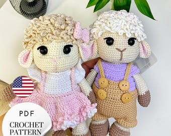 Amigurumi Crochet Pattern PDF. Cotton Yarn Twin Sheep Duo (Boy & Girl).  Plush Lamb Tutorial in English