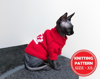 May include: Knitting pattern for a red sweater for a small cat. The pattern is for an extra small size. The pattern is shown on a hairless cat wearing the sweater.