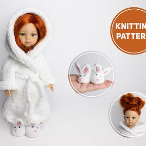 May include: Knitting pattern for a white bathrobe and bunny slippers for a doll. The doll is wearing the bathrobe and slippers. The pattern is available for download.
