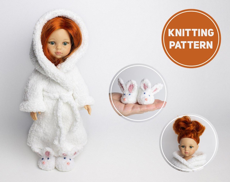 May include: Knitting pattern for a white bathrobe and bunny slippers for a doll. The doll is wearing the bathrobe and slippers. The pattern is available for download.