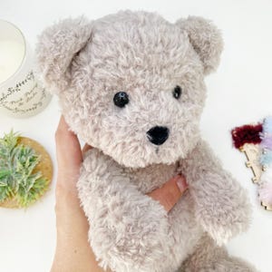 Pu&ograve; includere: Un orsacchiotto di peluche morbido e soffice con una pelliccia marrone chiaro. L'orso ha occhi neri e un naso nero. L'orso &egrave; tenuto da una mano.