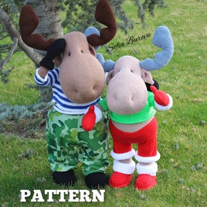 May include: Two knitted moose toys wearing festive outfits. The moose on the left is wearing a blue and white striped shirt, camouflage pants, and a red mitten. The moose on the right is wearing a green shirt, red pants, and white boots. The text "Sofia Burova" is visible in the background.