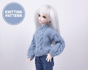 MiniFee BJD Cable Sweater Knitting Pattern for MSD | BJD | 16 inch doll - Row by Row // Knit On Straight Knitting Needles