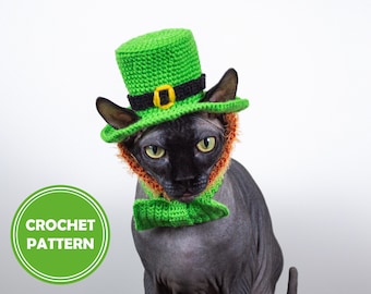 May include: A black hairless cat wearing a green crocheted leprechaun hat with a black band and a gold buckle. The cat is also wearing a green crocheted bow tie. The cat is looking at the camera.