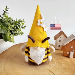 Crochet pattern bee gnome, Crochet gnome amigurumi pattern. Crochet easter gnome pattern