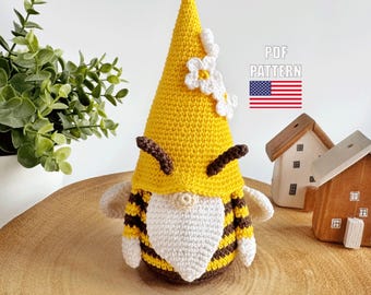 Crochet pattern bee gnome, Crochet gnome amigurumi pattern. Crochet easter gnome pattern