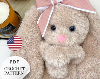Virkmönster för Amigurumi Bunny Lovey i PDF-format. Handledning för babyfilt i fluffigt garn. Enkelt gör-det-själv-virkmönster.
