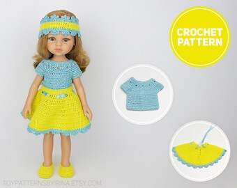 Doll Sunny Outfit Crochet Pattern: Top / Skirt / Headband / Shoes for 13 inch Doll (for Paola Reina)