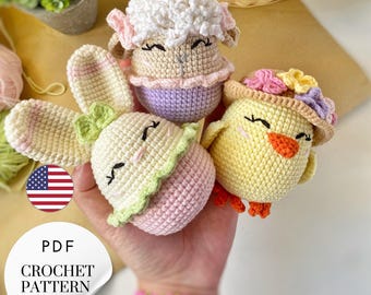 Amigurumi Easter Eggs Set 3 in 1 Crochet Pattern PDF. Bunny, Chicken, Sheep Tutorial
