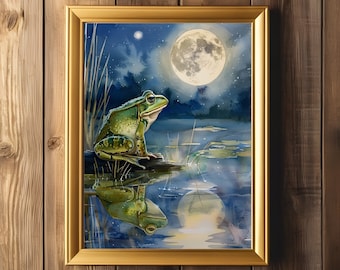 Frog Under the Full Moon Art Print, Dark Cottagecore Frog Painting, Sage Green Goblincore Wall Decor, Vintage Frog Wall Art, Frog Lover Gift