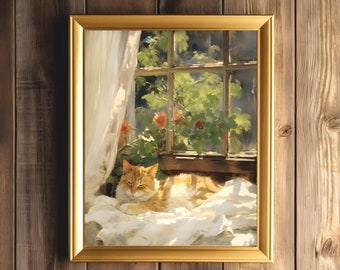 Sleeping Cat Print | Vintage Farmhouse Art | Country Cat Print | Soft Spring Decor | Orange Cat Artwork | Rustic Wall Decor |