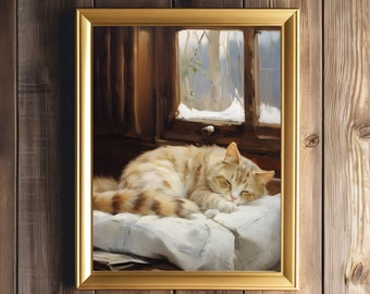 Sleeping Cat Print | Vintage Farmhouse Art | Country Cat Print | Soft Winter Decor | Orange Cat Artwork | Rustic Wall Decor |