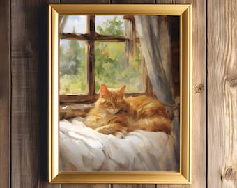 Sleeping Cat Print | Vintage Farmhouse Art | Country Cat Print | Soft Spring Decor | Orange Cat Artwork | Rustic Wall Decor |