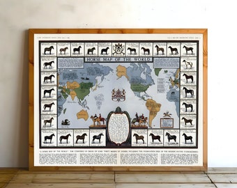 Horse Map of the World 1936 Museum Quality Art Print Mustang, Shire, Polo Pony, Arabian