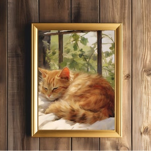 Sleeping Cat Print | Vintage Farmhouse Art | Country Cat Print | Soft Autumn Decor | Orange Cat Artwork | Rustic Wall Decor |