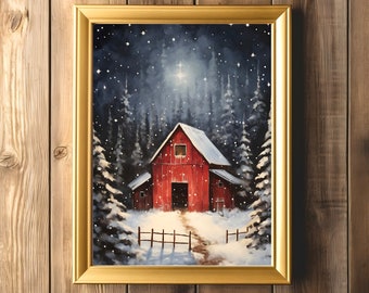 Winter Farmhouse Painting | Red Barn Wall Art | Snowy Holiday Print | Vintage Red Barn Home Decor | Primitive Christmas Artwork |