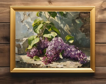 Lilacs Still Life Painting | Vintage Farmhouse Decor Art | Oil Painting Print | Rustic Kitchen Wall Art